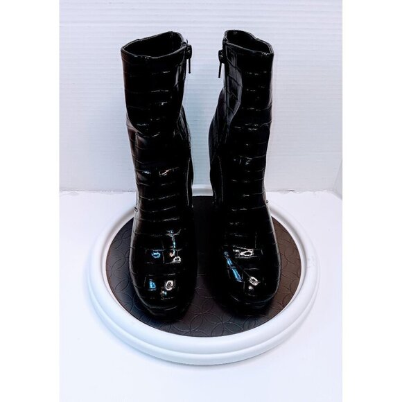 Black Crocodile Embossed Faux Leather Platform Ankle Boots With Side Zipper Clos - Picture 1 of 8
